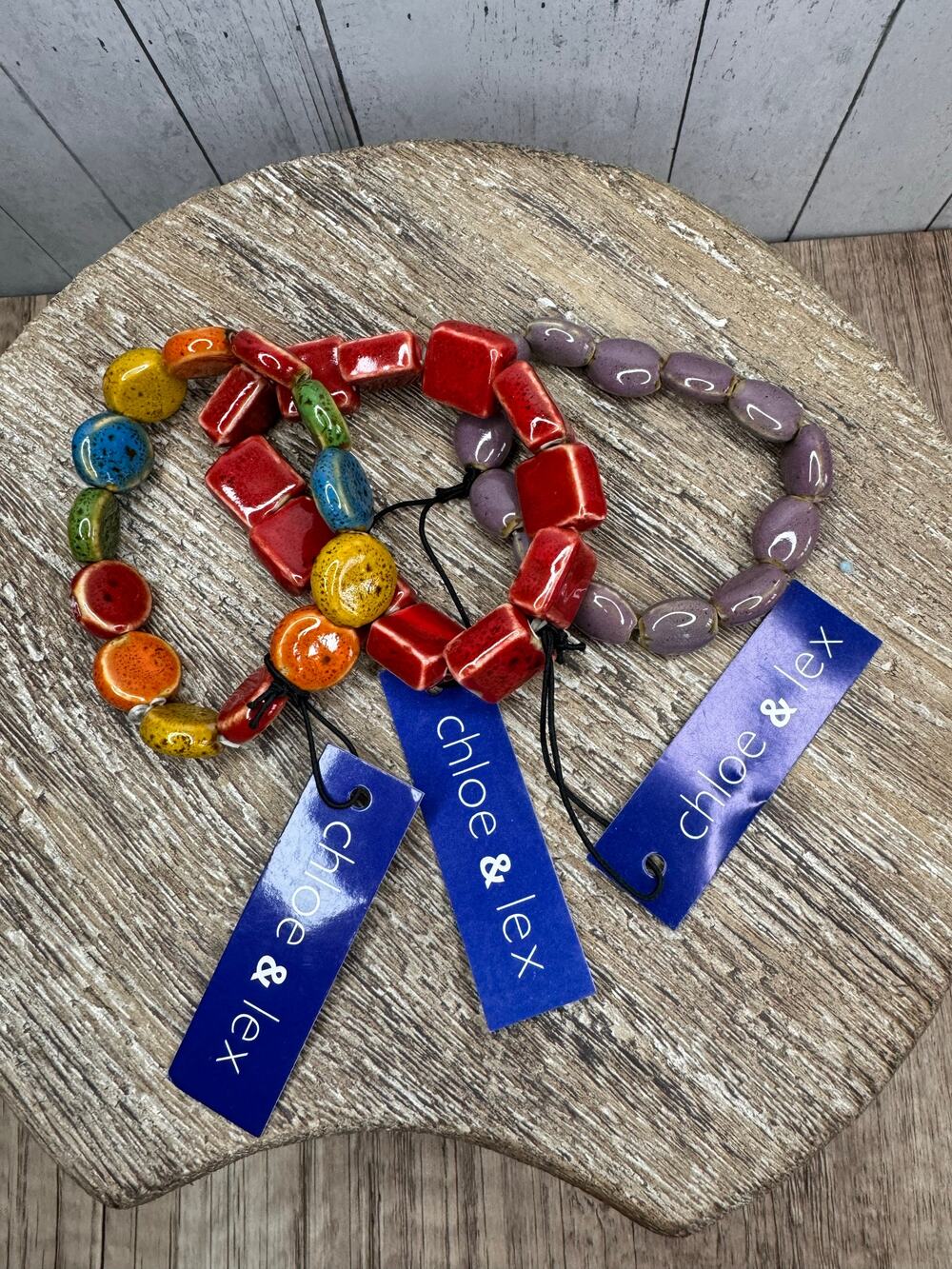 Clay Bead Bracelets Set of 3 Colorful Bracelets Stretch Boho Red Square Lavender